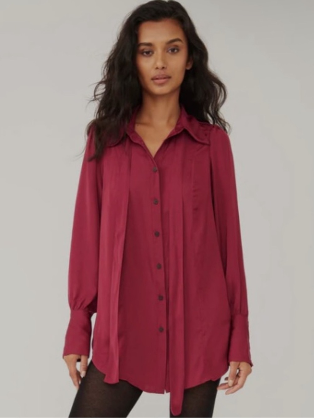 Free People Button-Front Long-Sleeve Blouse in Berry - Picture 1 of 8